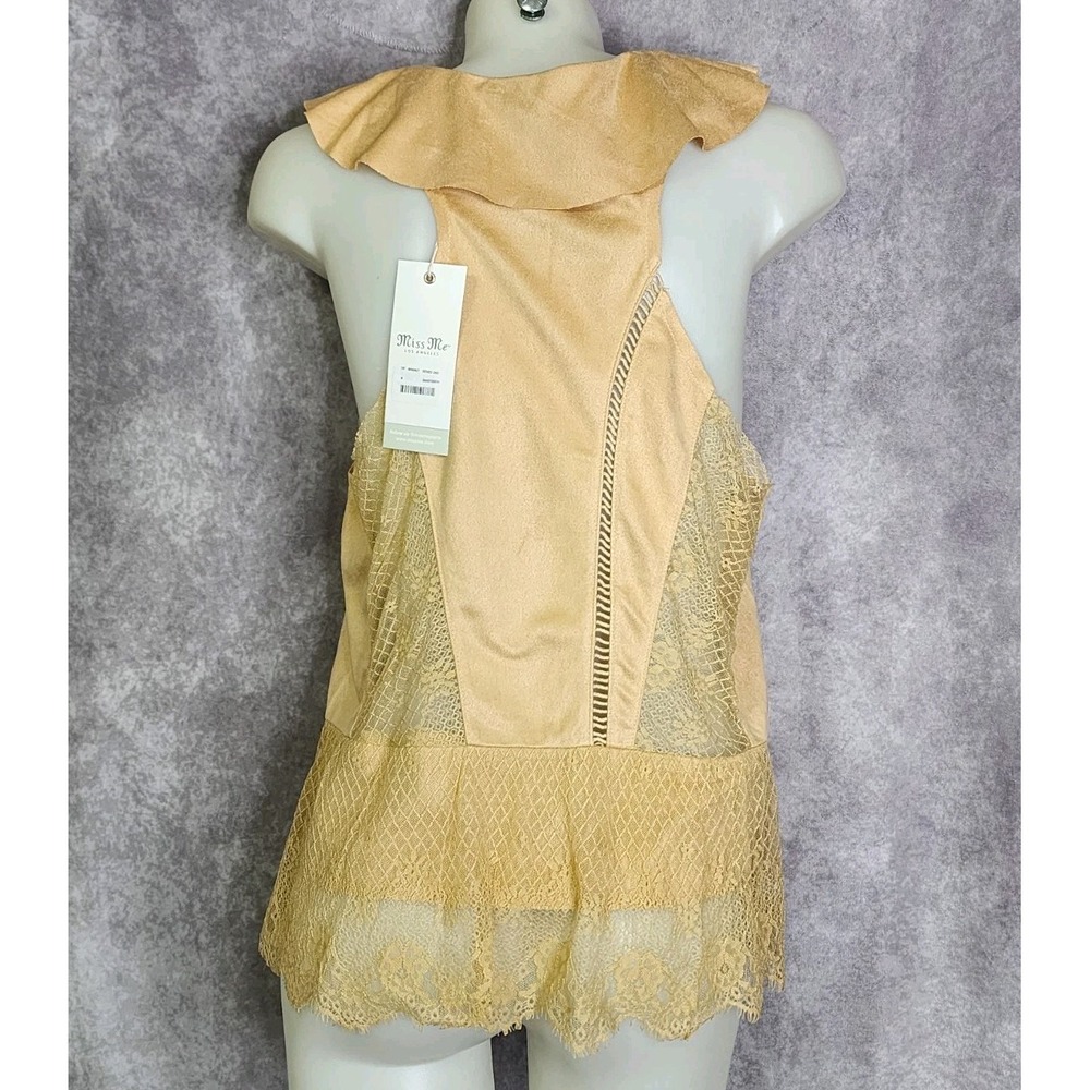 Miss Me Lace Trim Vest Women Medium Mustard Yellow Boho Ruffle Tie Front Western - Picture 2 of 9